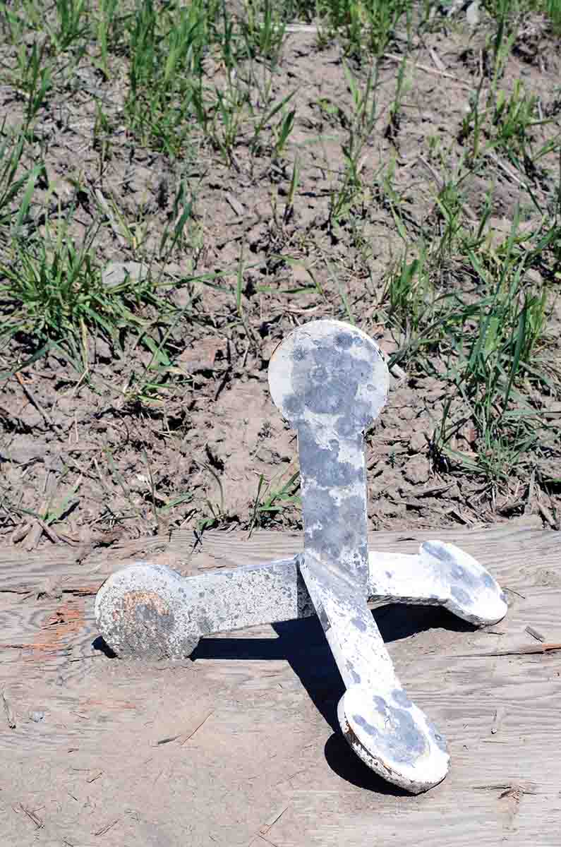 A steel target Mike discovered at a Billings gun show was this “Flipper.” Hit the top disk and the target flips with another disk at the top.